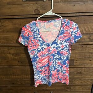 Lilly Pulitzer Pink and Blue Floral V-Neck Tee